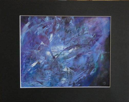 Le monde oublié, 2019, acrylique sur papier, cadre alu argent mat, passe-partout noir,                   40x50 cm, 450 CHF