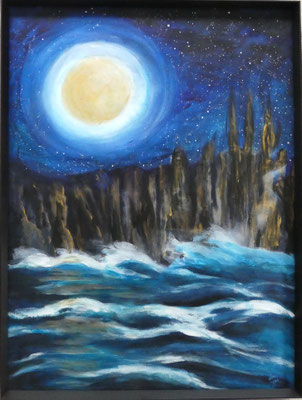 Ambiance pleine lune, 2016, Acrylique sur papier, cadre alu noir, sous verre,       36,5x48,5 cm, 500 CHF  