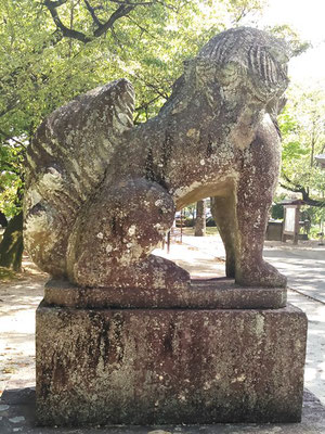 與止日女神社の狛犬【阿形】横の写真（拝殿側から撮影）