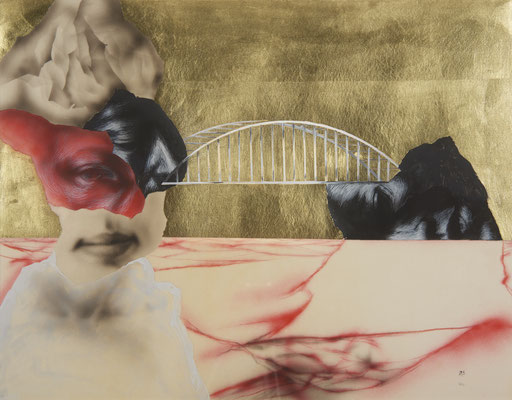 Sans titre au pont - gouache, encre et feuille d'or sur parchemin (agneau) - 36 x 47 cm, 2019