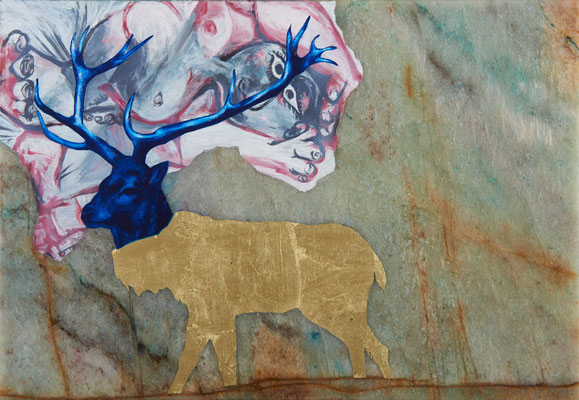 Cerf et morceau de Picasso - huile et feuille d'or sur marbre Portofino - 29 x 42 cm - n°13/2014