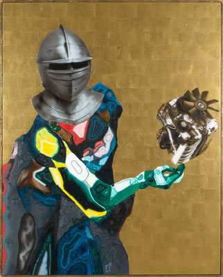 Chevalier/moteur or II - huile, acryl et feuille d'or sur bois - 150 x 120 cm - n°28/2008 - collection Fnac, Paris