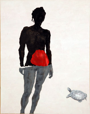 Nu à la tortue ( Clémentine) - acryl, tempéra, cheveux et poussières sur toile - 173 x 135 cm - n° 25/2006