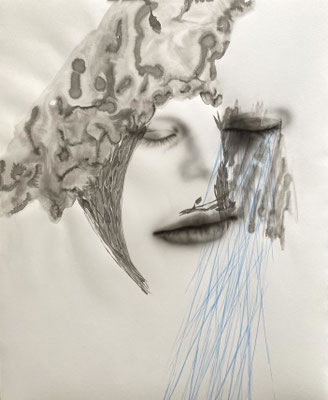 Premières pluies, encre sur papier, 38 x 53 cm, 2021.