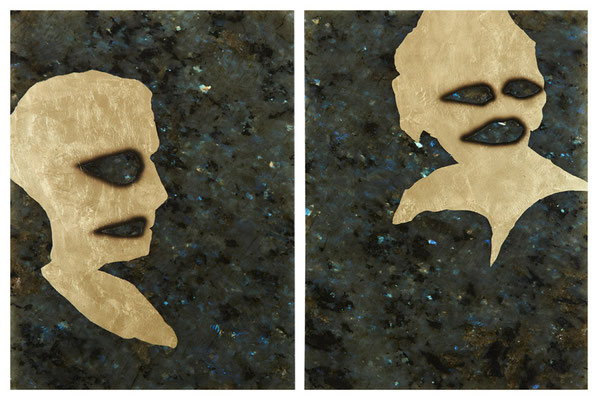 Diptyque homme et femme - feuille d'or et huile sur labradorite - 40 x 30 cm pièce (40 x 60 cm le diptyque) - n°4/2014