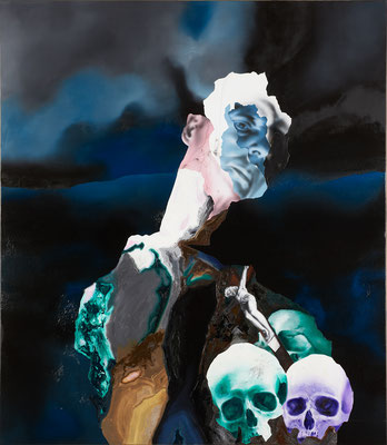 Autoportrait (mélodramatique) avec crucifix et crânes - huile, acryl et cheveux sur toile - 117 x 102 cm - n° 16/2010