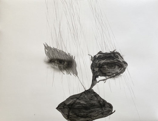 Premières pluies, encre sur papier, 38 x 53 cm, 2021.