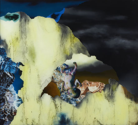 Paysage (tremblement de terre avec nourrisson) - huile sous verre - 100 x 112 cm - octobre 2015, n° 27/2015