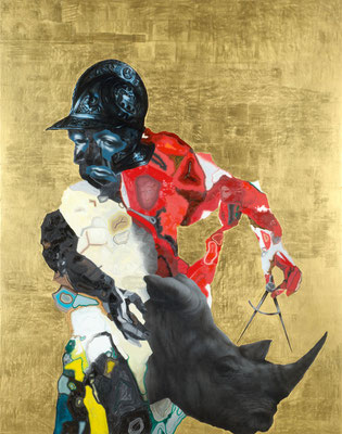 Chevalier mesurant un rhinocéros - huile, acryl et feuille d'or sur bois - 155 x 122 cm - n°31/2008 