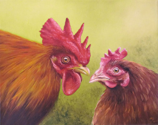 Hahn & Henne - Öl auf Leinwand - 24 x 30 cm