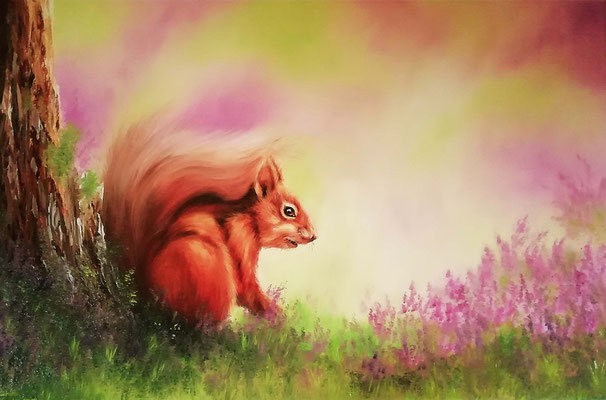 Eichhörnchen im Heidekraut - Öl auf Leinwand - 40 x 60 cm