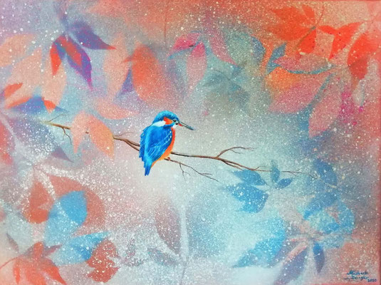 F 3 - Kleiner Eisvogel im Laub - Öl & Acryl auf Leinwand - 30 x 40 cm