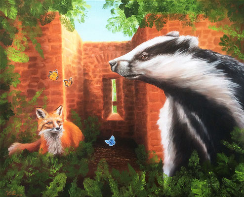 Treffen in der Waldruine - Öl auf Leinwand - 50 x 60 cm