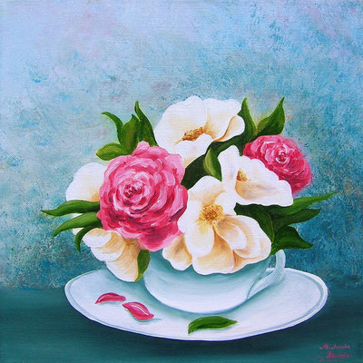 B 6 - Rosen im Tässle - Öl auf Leinwand - 30 x 30 cm