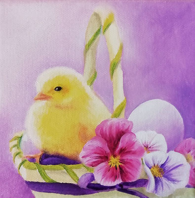 F 8 - Küken im Korb - Öl auf Leinwand - 15 x 15 cm