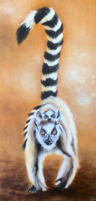 Katta mit Baby - Öl auf Leinwand - 30 x 60 cm