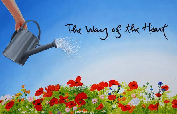 'The way of the heart' Quote Thich Nhat Hanh decor op een podium acrylic paint on coton 75 x 115 cm.