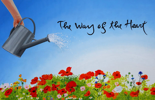 'The way of the heart' Quote Thich Nhat Hanh decor op een podium acrylic paint on coton 75 x 115 cm.