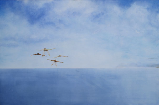 1995 "I am bird, spreading out his wings. I am free". Painted by Marian van Zomeren- van Heesewijk with acrylic paint on a panel 80 x 120 cm.