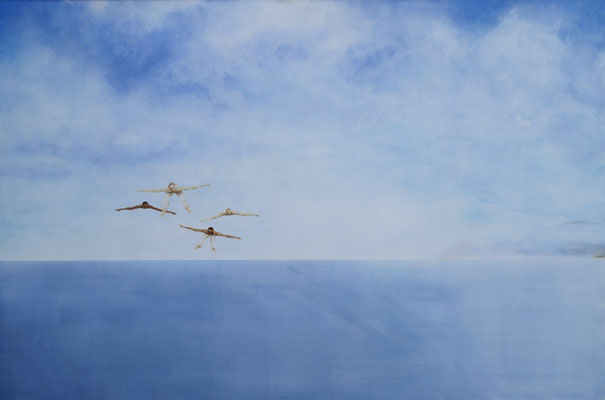 1995 "I am a bird, spreading out his wings. I am free". Painted by Marian van Zomeren- van Heesewijk with acrylic paint on a panel 80 x 120 cm.
