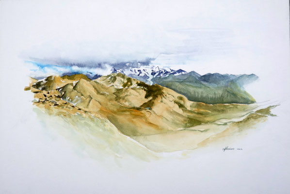 2002 "De Berninagruppe bij Pontresina in Zwitserland"  aquarel  50 x 70 cm.