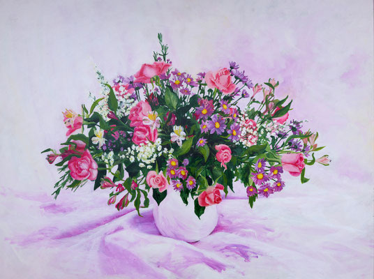 1993 "Water to each flowers". Painted by Marian van Zomeren- van Heesewijk with acrylic paint on a panel of 60 x 80 cm.