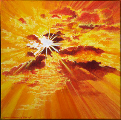 "The sun is present also when she is behind the clouds: Thich Nhat Hanh" . Painted by Marian van Zomeren- van Heesewijk with acrylic paint on linen 40 x 40 cm.