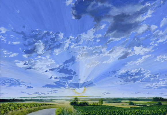 2022 "Een nieuwe dag" in de Dordogne met Thich Nhat Hanh. Geschilderd door Marian van Zomeren- van Heesewijk met acrylverf op linnen 70x100 cm.
