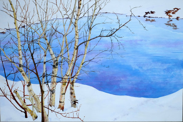 2012 "Winterlandschap ll". Geschilderd door Marian van Zomeren- van Heesewijk met acrylverf op linnen 120 x 80 cm.