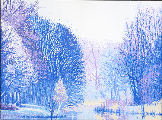2016 "Stillness” winter version of the season serie in dot technique . Near Rotterdam painted with acrylic paint on linen 60 x 80 cm. € 1200