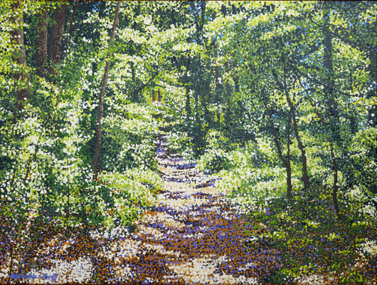 2017 "Simpelweg gelukkig op een bospad" Geschilderd door Marian van Zomeren- van Heesewijk met acrylverf op linnen 80 x 60 cm.