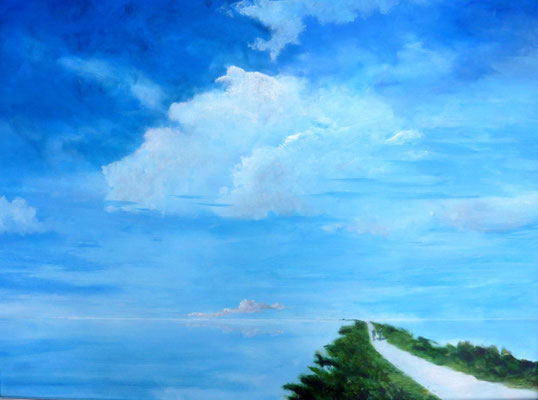 1996 "Fietsen langs de Rotte. Geluk is de weg" Acrylverf op paneel  60 x 80 cm.