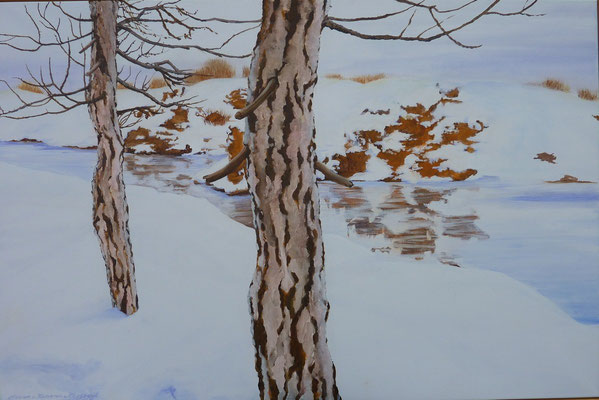 2012 Quiet winterlandscape I    Painted by Marian van Zomeren- van Heesewijk with acrylic paint on linen  80 x 120 cm.    