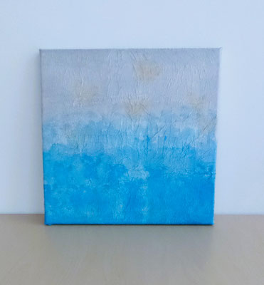 BLAU TÜRKIS SILBER GOLD, abstraktes, strukturiertes Acrylgemälde 30x30x2 cm
