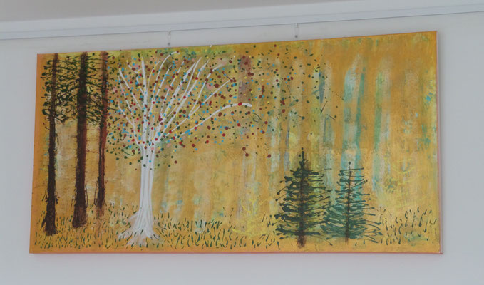 Goldwald - Einzigartiges großes Acrylgemälde mit in Gold getauchten Bäumen in einem Wald. 