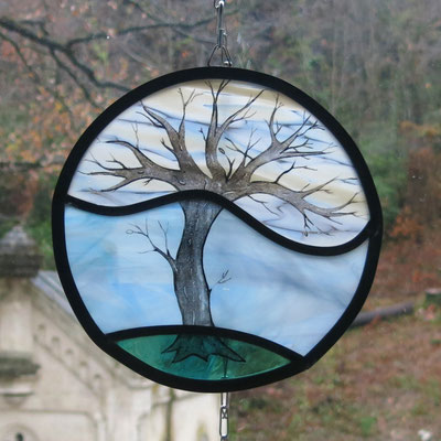 Sun catcher en vitrail arbre peint, diam. 20cm