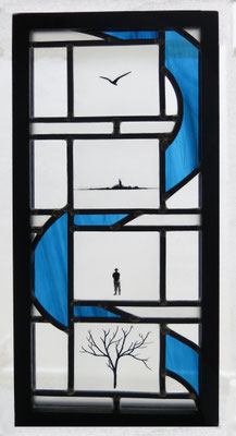 "Bruit blanc " vitrail-tableau, peinture à la grisaille sur verre dépoli, encadrement bois avec marquetterie par Le Poisson Gouge