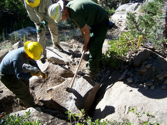 Rifting a step stone, FS/SCA traditional skills workshop, John Muir Wilderness, CA, 2006
