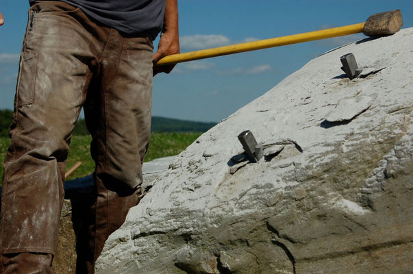 Splitting boulders with feathers and wedges, Turner, ME, 2005