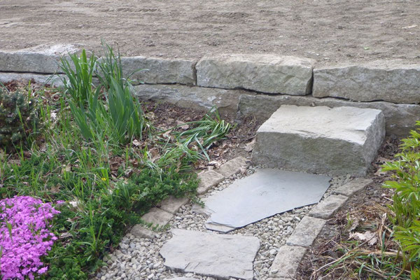 Granite block retaining wall and step with fieldstone pavers, Belgrade ME, 2013