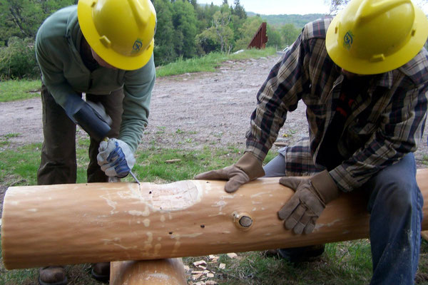 Notching a bench, SCA advanced timber skills workshop, Frost Valley, NY, 2007