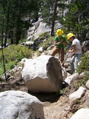 Moving a large boulder that rolled into the trail, Pacific Crest Trail, CA, 2006