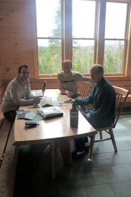 Meeting at Grand Falls Hut with Maine Huts and Trails staff and volunteers to discuss mapping and signage logistiics