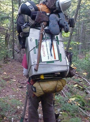 Hiking down base camp gear, Mt. Abraham, ME, 2011