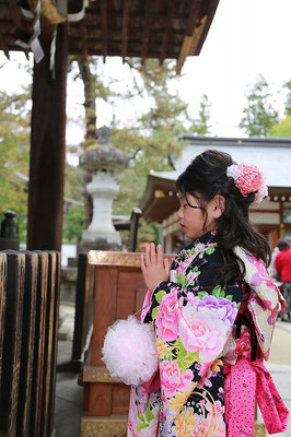 武田神社にてお詣りをする七歳女の子の七五三写真