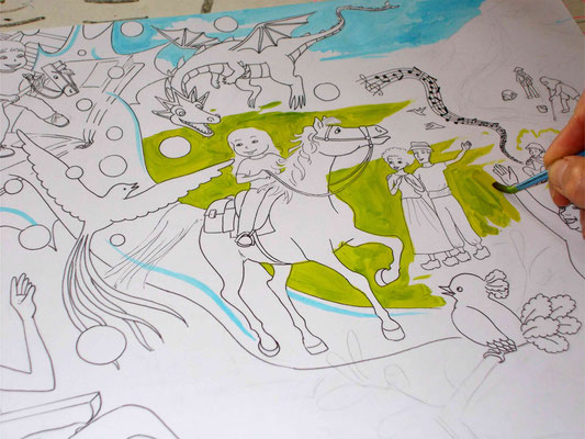 Peindre l'arrière-plan à la gouache. Image d'accueil de COBEditions, des BD pédagogiques pour enfants, les aventures de Julie et Beau Prince, par Emmanuelle OLGUIN