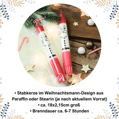 Zwei Weihnachtsmann-Stabkerzen aus Paraffin oder Stearin, ca. 18x2,15 cm groß, Brenndauer ca. 6-7 Stunden, dekoriert mit Weihnachtsmotiven.
