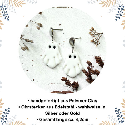 Handgefertigte Geisterohrringe aus Polymer Clay, mit Edelstahl in Silber oder Gold, 4,2 cm lang.