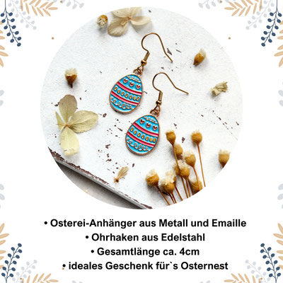 Osterei-Anhänger aus Metall und Emaille, Ohrhaken aus Edelstahl, Gesamtlänge ca. 4cm, ideales Geschenk für`s Osternest.