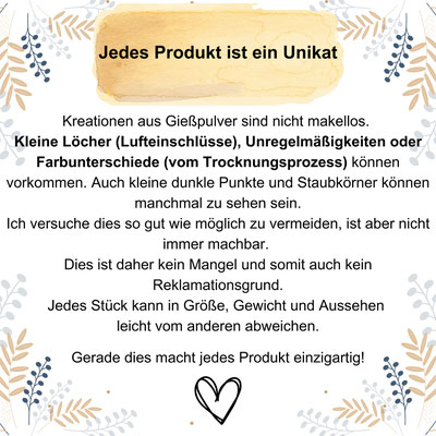 Text über Unikate mit Blattornamenten, betont handgemachte Einzigartigkeit.